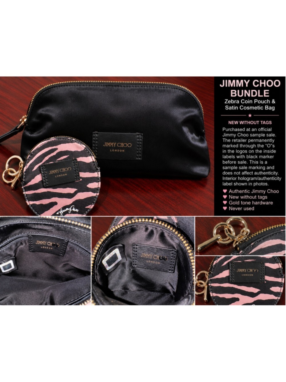 Jimmy Choo London NWOT Zebra Coin Pouch & Satin Cosmetic Bag Authentic Bundle